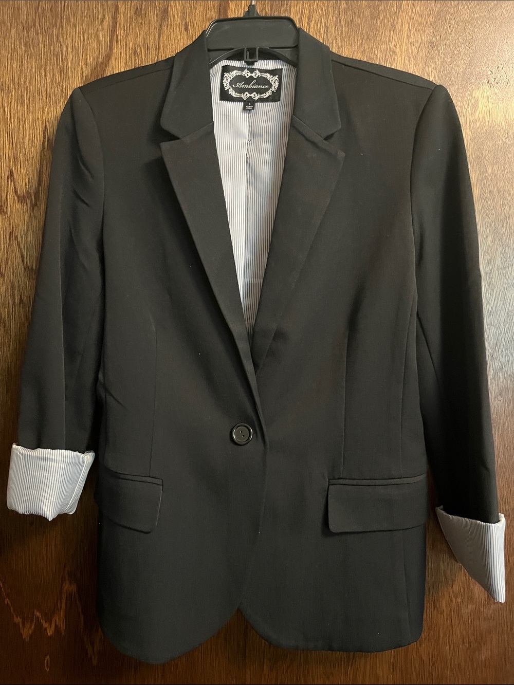 Ambiance Black Single-Button Tailored Blazer with Rolled Cuffs - Women’s Size L